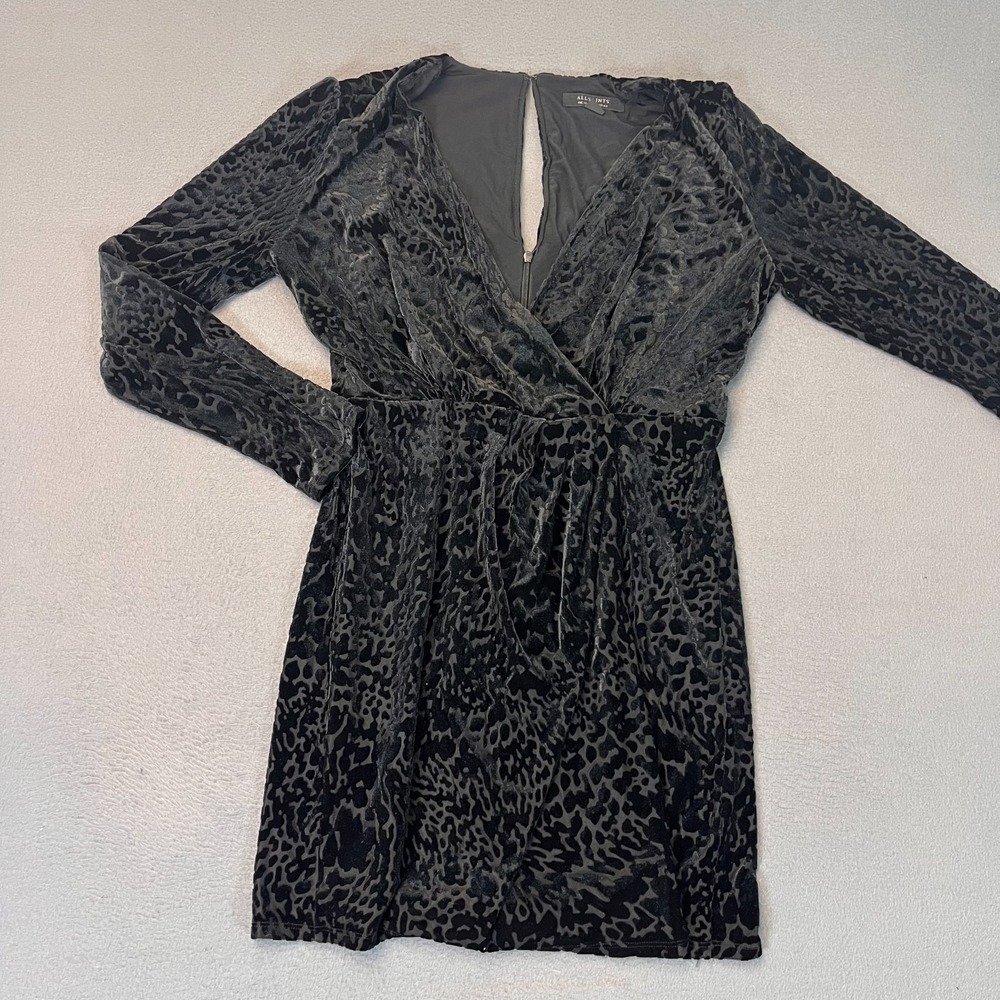 All Saints Size 8 Laney Devore Black Velvet Burnout Faux Long Sleeve Wrap Dress